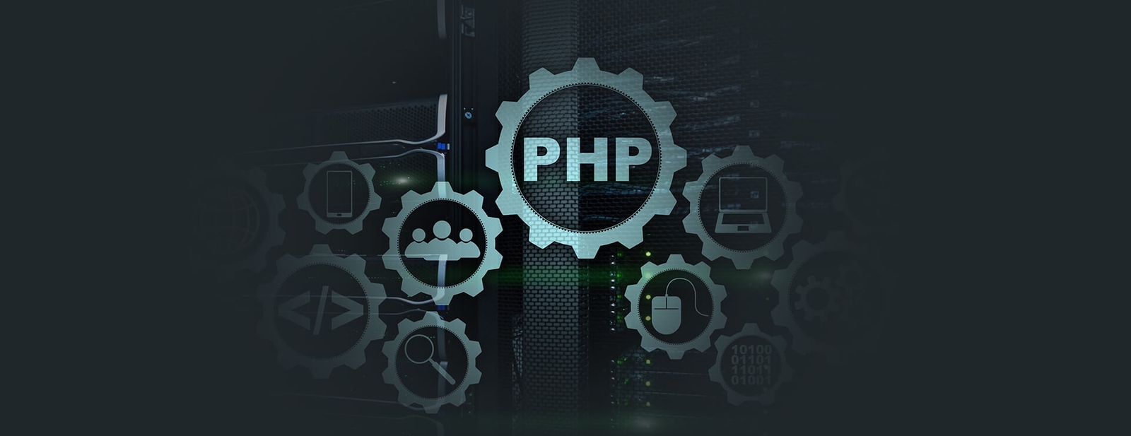 PHP-logo omgivet af tandhjulsikoner og teknologiikoner, herunder kode, søgning og enheder, på en baggrund med et serverrack