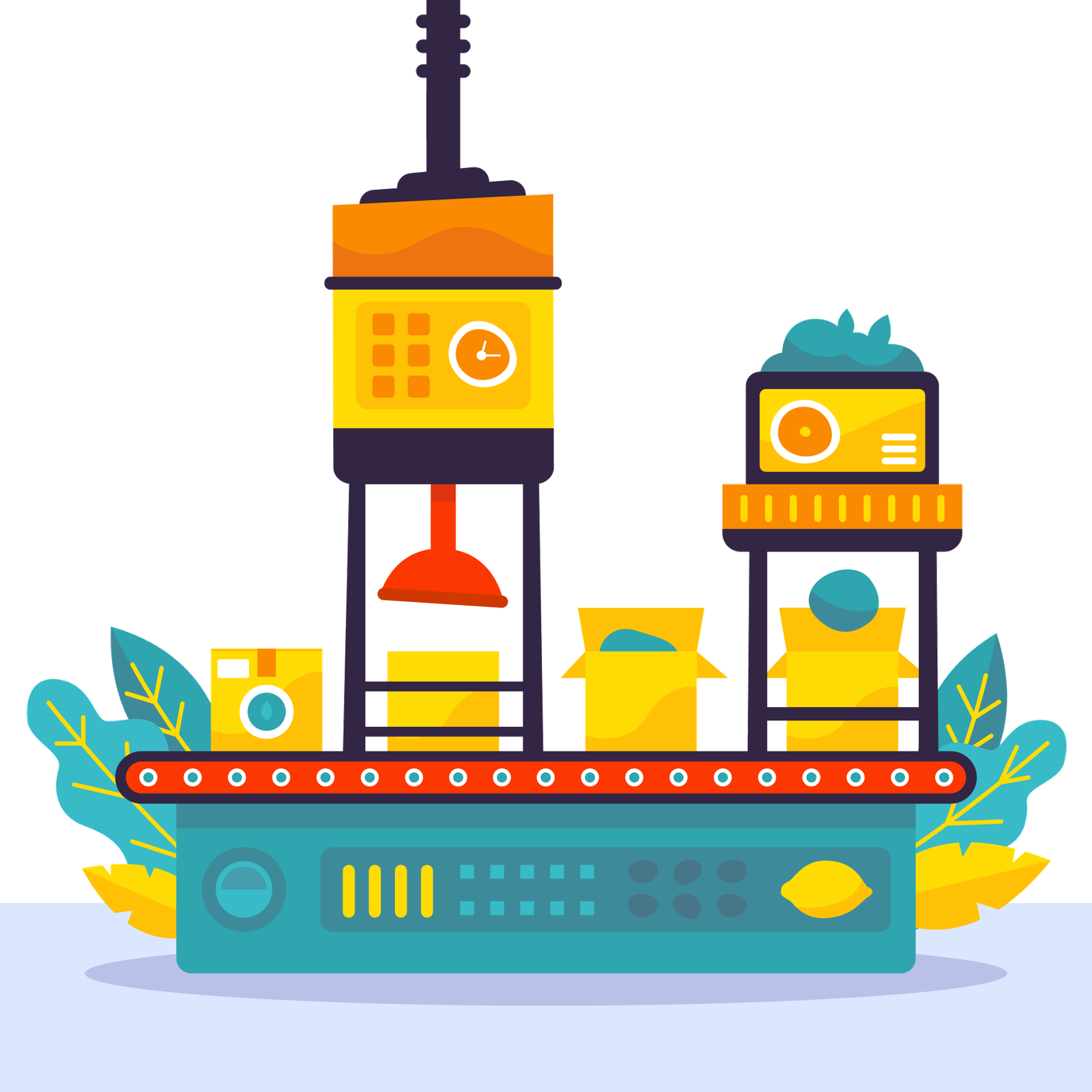 Illustration of packages moving along a conveyor belt between industrial control towers with plants in the background