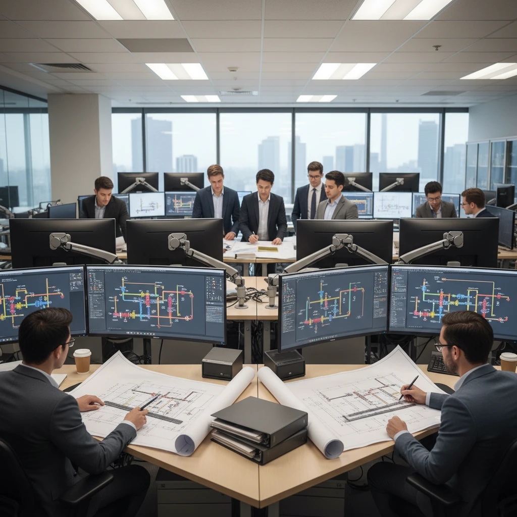 Services BIM pour le secteur AEC Illustration d'un ouvrier du bâtiment consultant un plan devant un bâtiment, avec des icônes représentant des outils, des matériaux et des idées