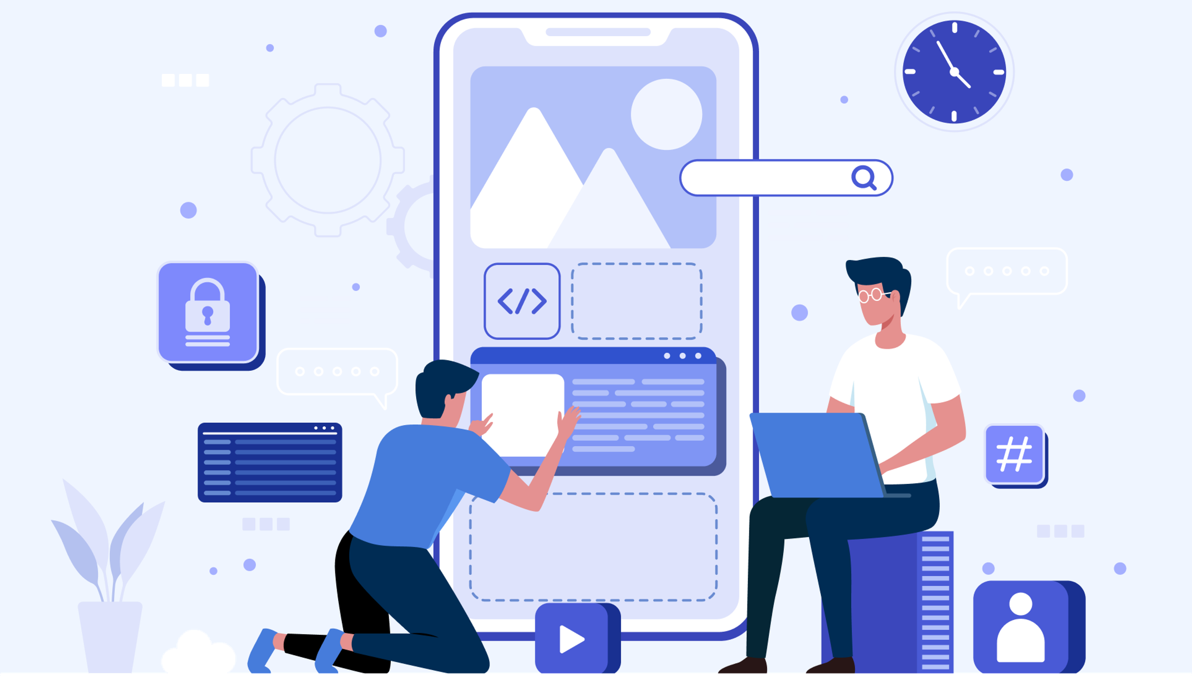 Illustration of developers collaborating on a mobile app interface with security lock and code icons