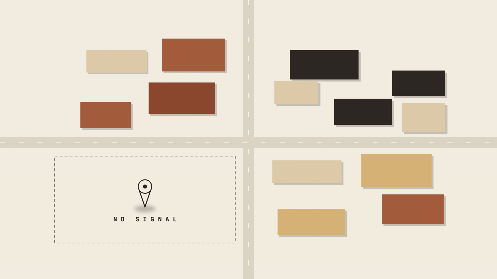 Illustrated map showing a 2x2 grid of city blocks divided by a crossroad. Three blocks are filled with colorful building rooftops in rust, gold, and dark tones. The fourth block is empty, marked only by a dashed outline and a map pin labeled 'NO SIGNAL' — representing a business missing from AI search results.