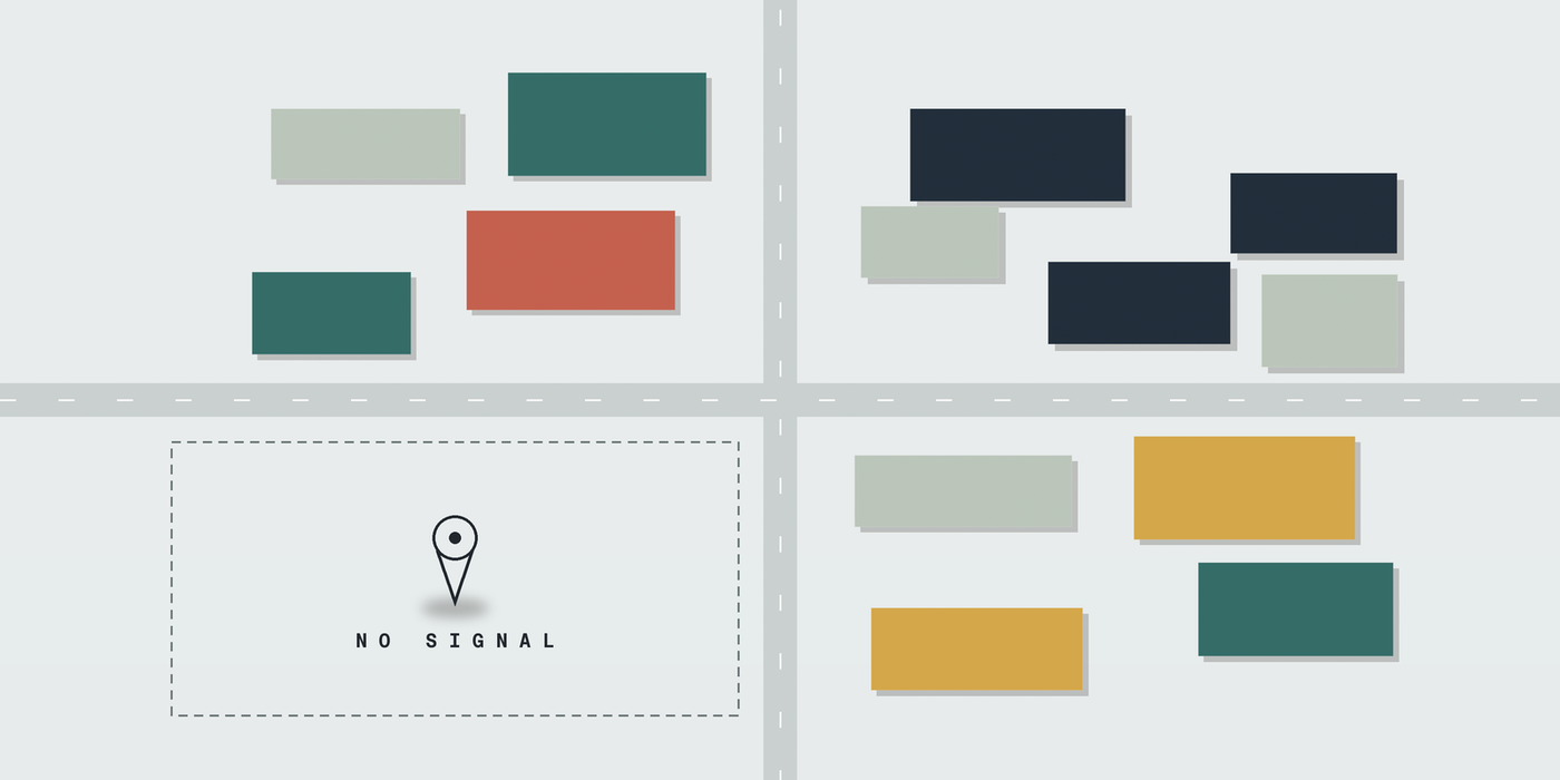 Illustrated map showing a 2x2 grid of city blocks divided by a crossroad. Three blocks are filled with colorful building rooftops in rust, gold, and dark tones. The fourth block is empty, marked only by a dashed outline and a map pin labeled 'NO SIGNAL' — representing a business missing from AI search results.