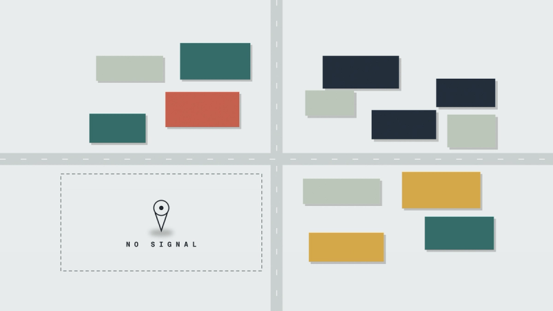 Illustrated map showing a 2x2 grid of city blocks divided by a crossroad. Three blocks are filled with colorful building rooftops in rust, gold, and dark tones. The fourth block is empty, marked only by a dashed outline and a map pin labeled 'NO SIGNAL' — representing a business missing from AI search results.