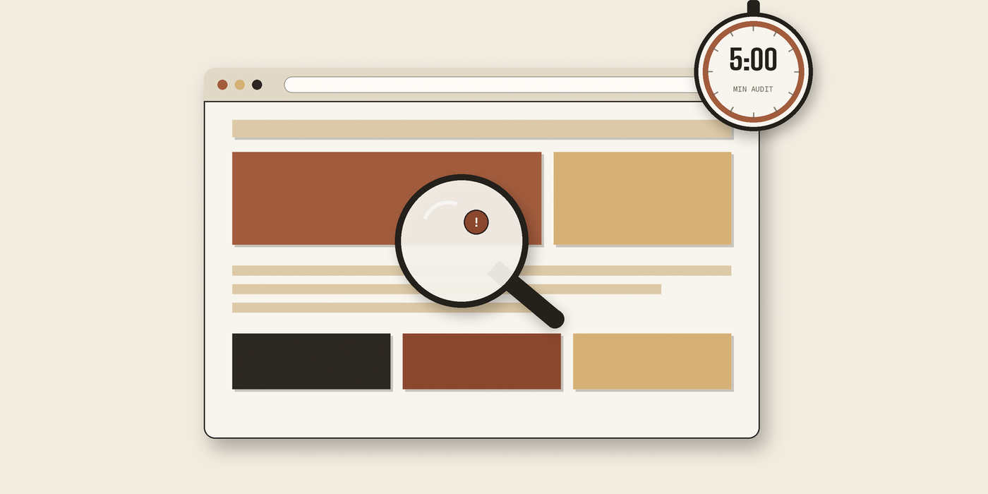 Illustration of a browser window showing a simplified webpage layout with colored content blocks. A magnifying glass hovers over the page highlighting an issue with an exclamation mark, next to a stopwatch badge reading 5:00 and labeled 'MIN AUDIT.'