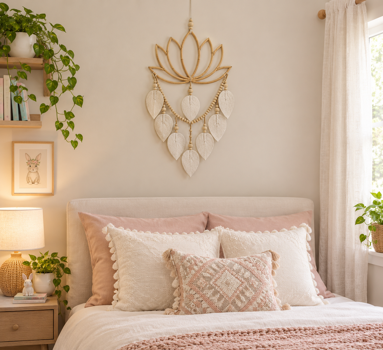 Lotus Rattan Wall Art with 8 Macrame Leaves