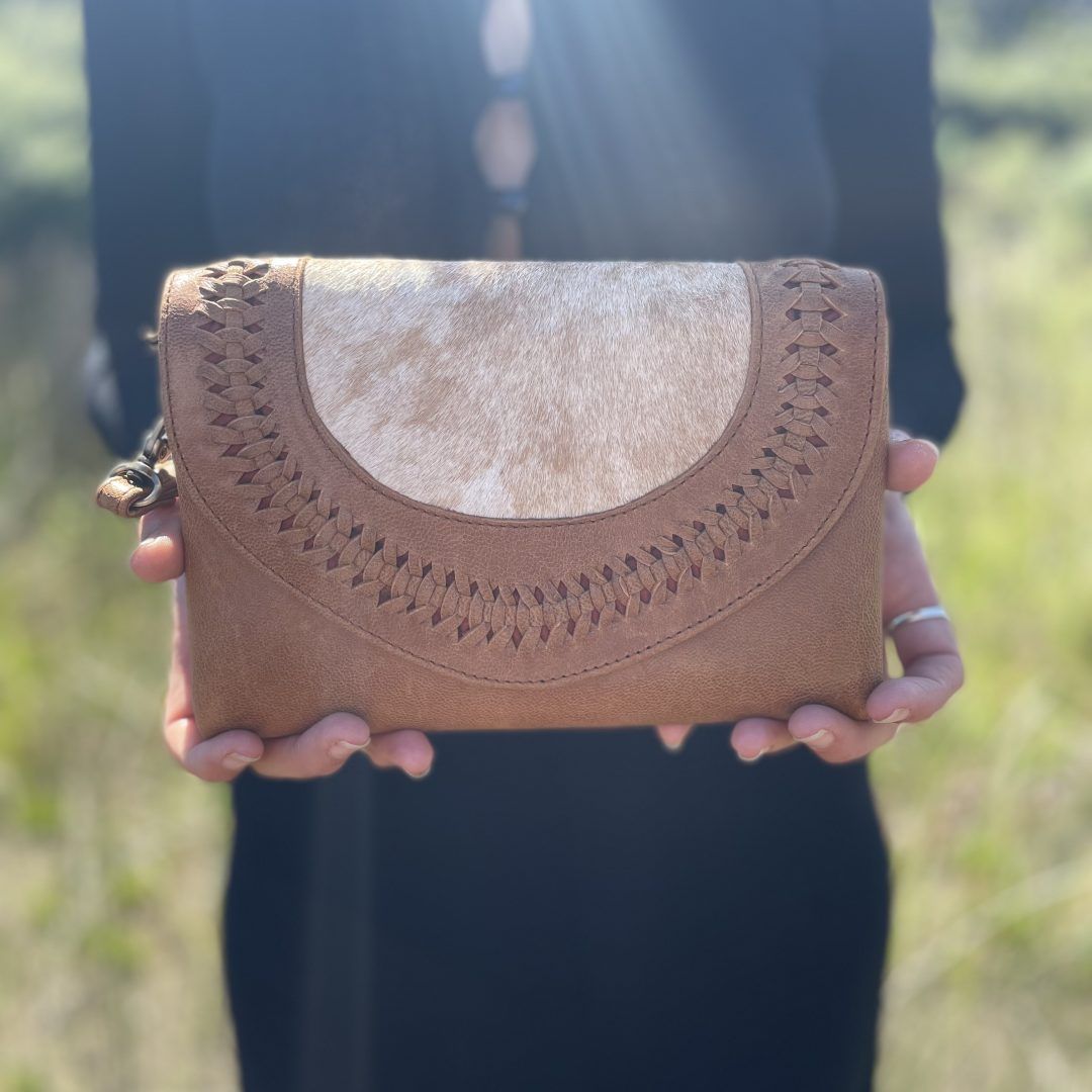 Plaited Cowhide Clutch - Brown