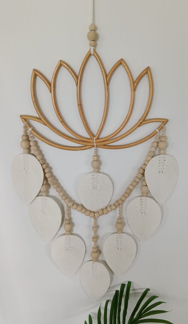 Lotus Rattan Wall Art with 8 Macrame Leaves