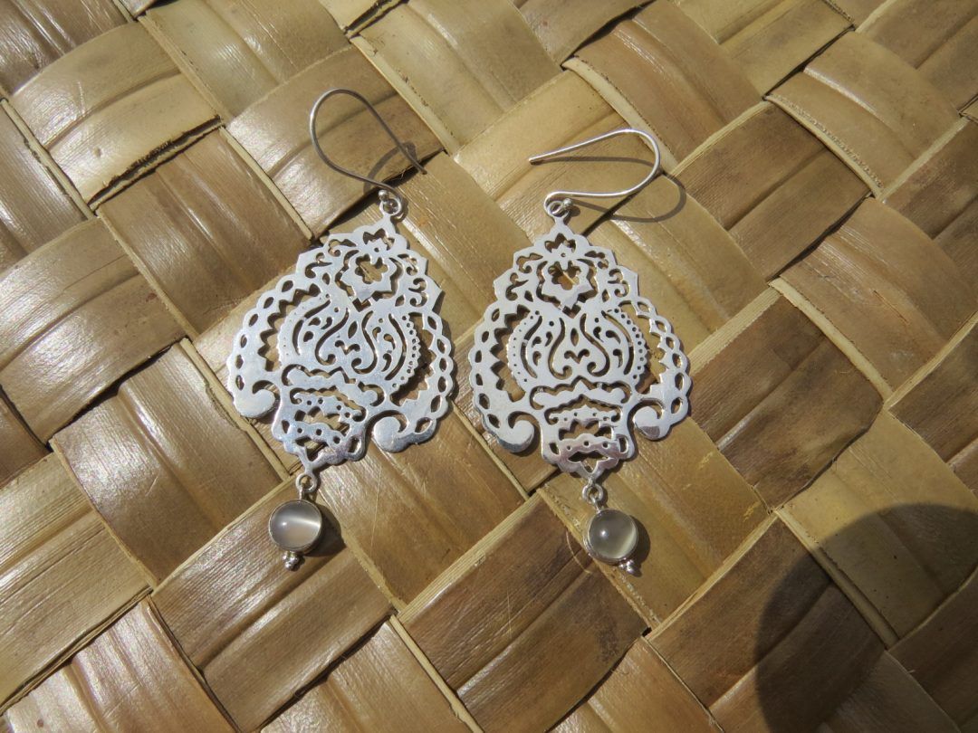 Large Ornate Silver Earrings with Moonstone