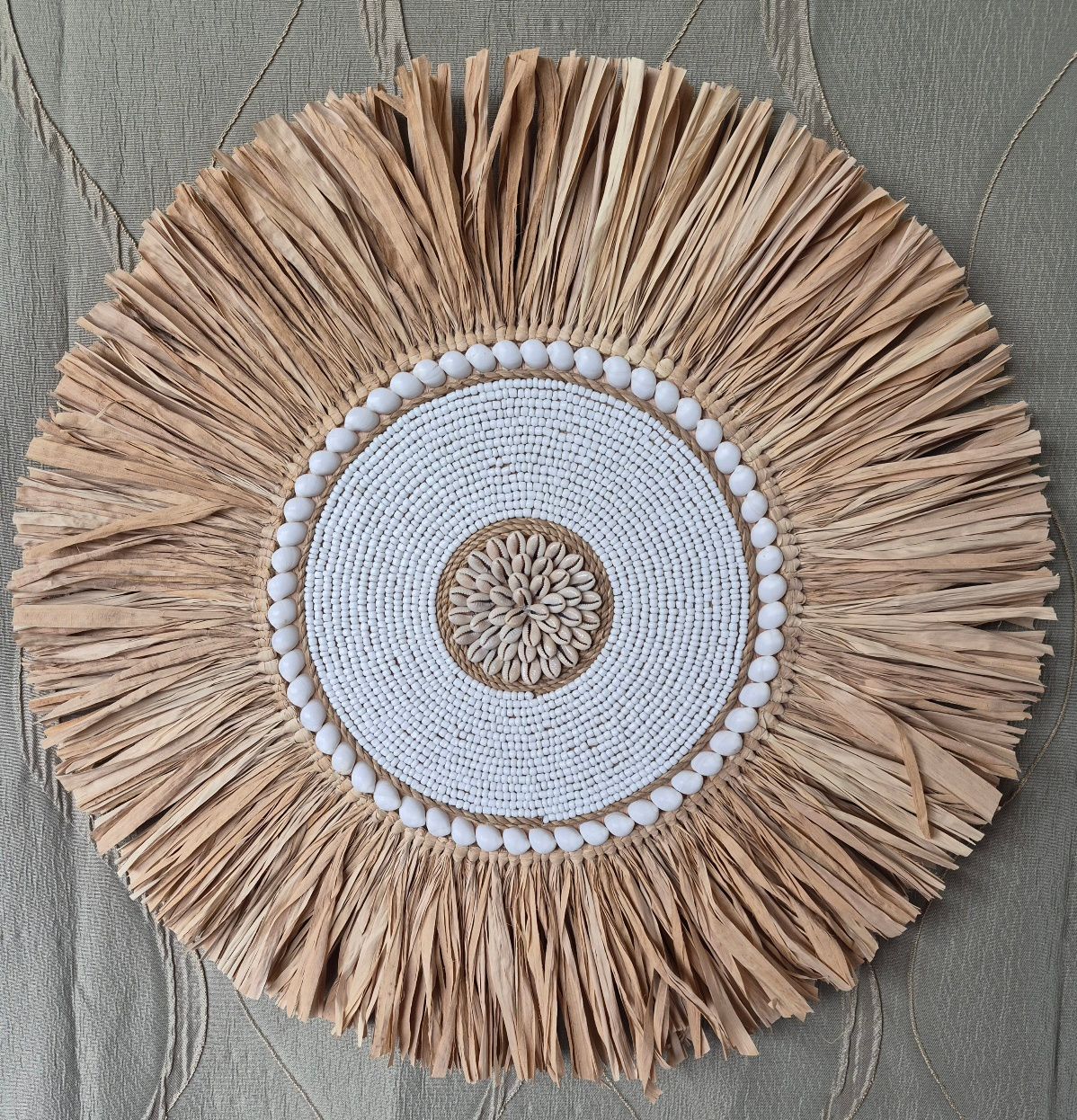 White Shells and Beads Raffia Wall Art