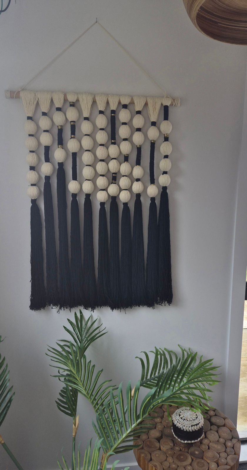 Black & Cream Macrame Wall Hanging - Boho Minimalist Wall Art