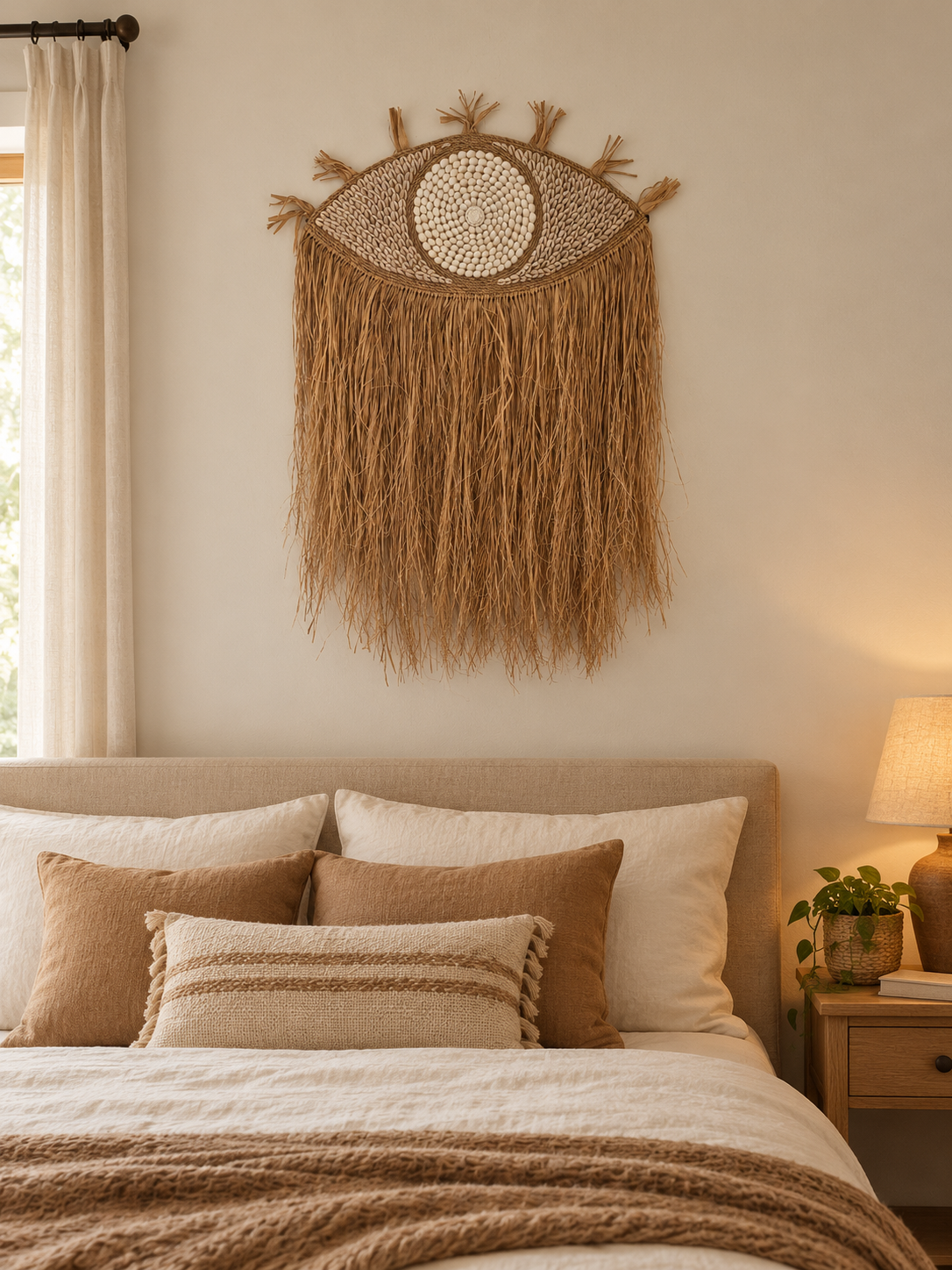 Boho Shell and Raffia Eye Wall Hanging - Boho Coastal Wall Decor