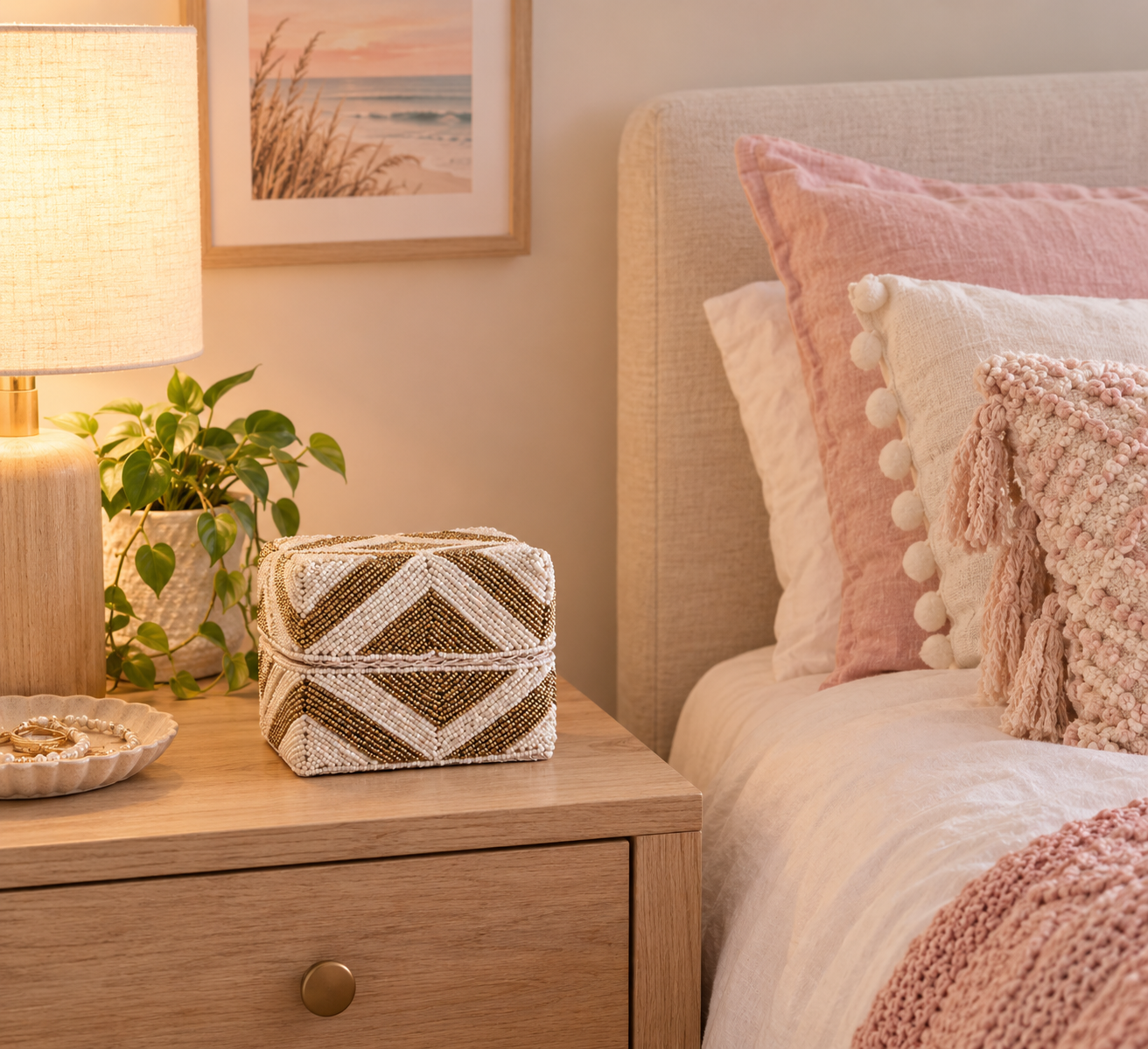 Gold & White Bead Trinket Box 