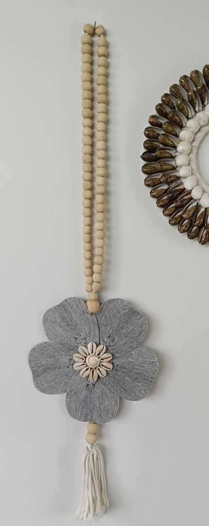 Grey Flower & Cowrie Shell Wall Tassel