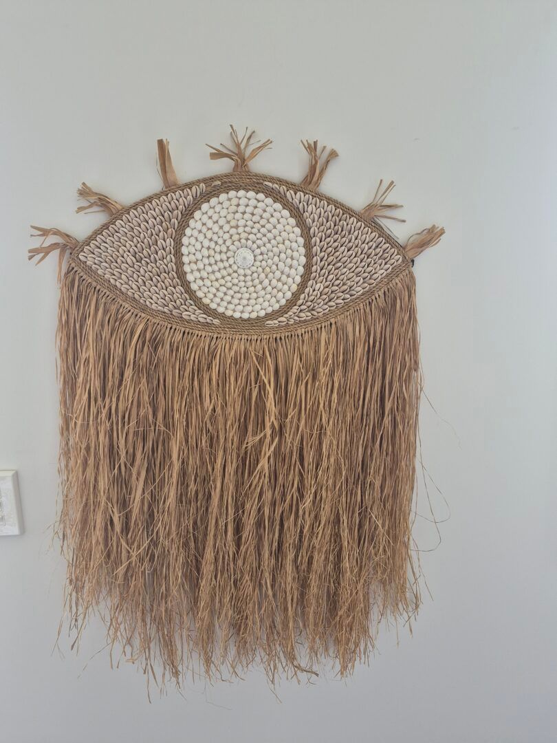 Boho Shell and Raffia Eye Wall Hanging - Boho Coastal Wall Decor