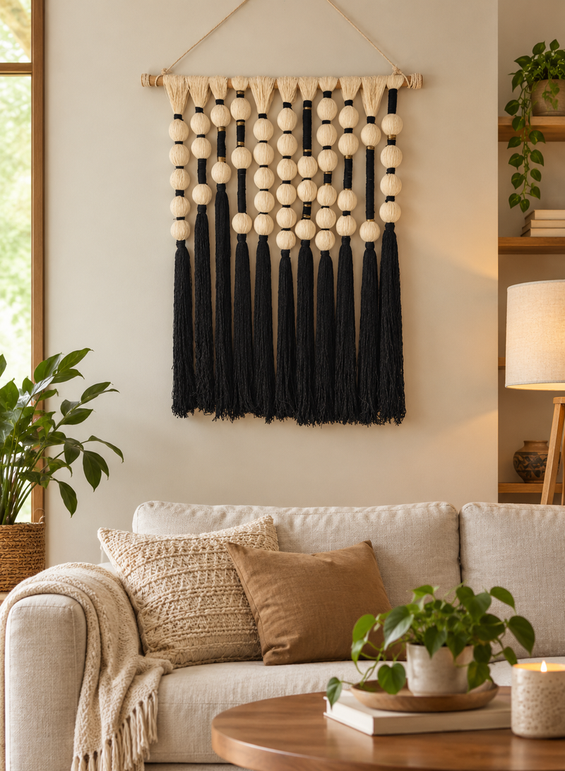 Black & Cream Macrame Wall Hanging - Boho Minimalist Wall Art