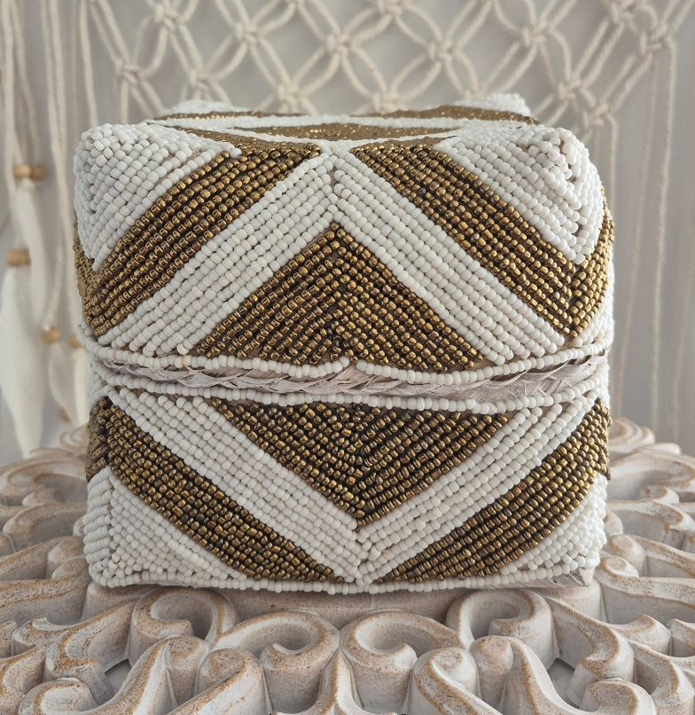 Gold & White Bead Trinket Box 