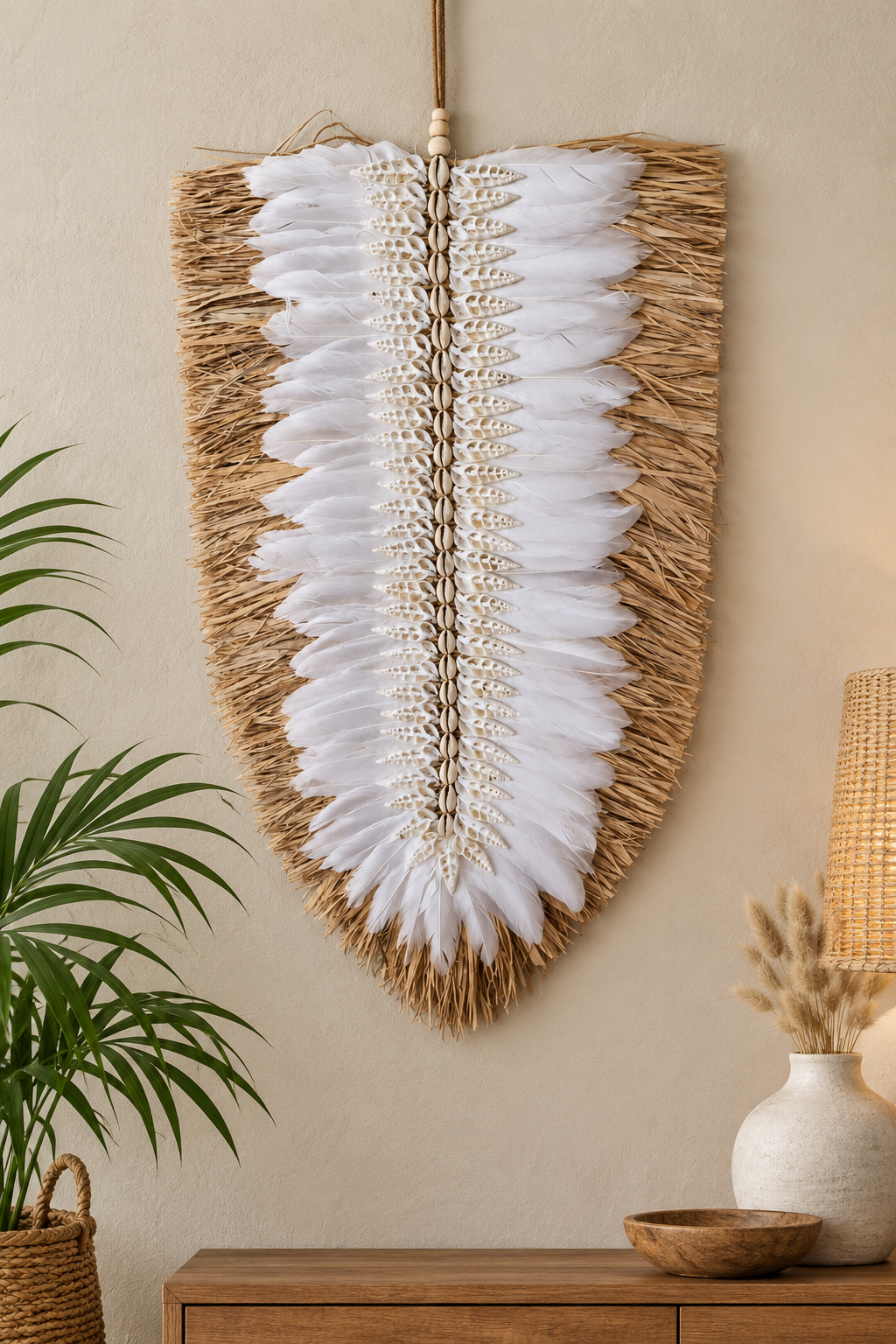 Shell, Feather & Raffia Leaf Wall Hanging