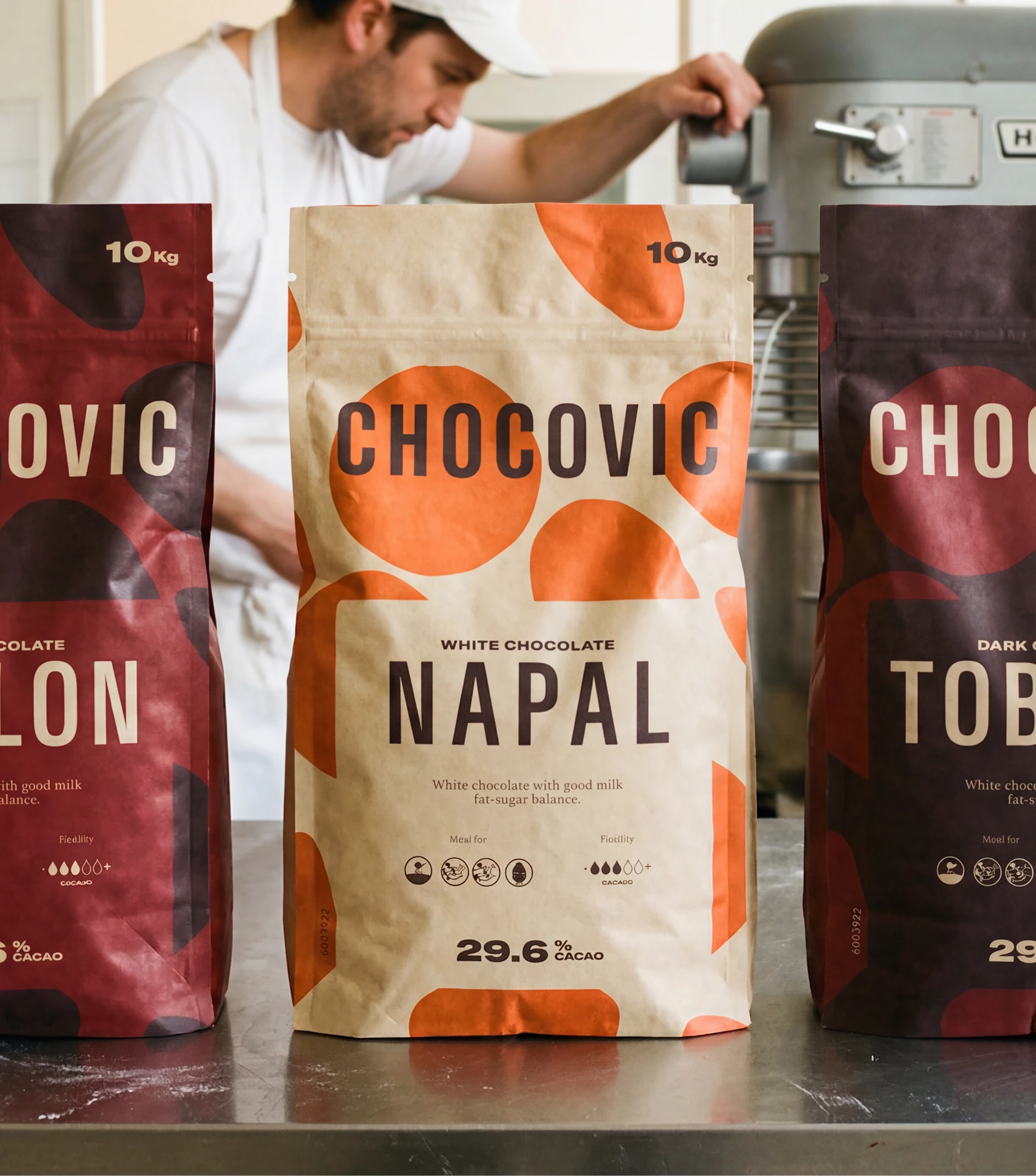 Chocovic — Napal, Zeylon and Tobado chocolate bags on the bench, beside a baker stacking boxes in the storeroom 1