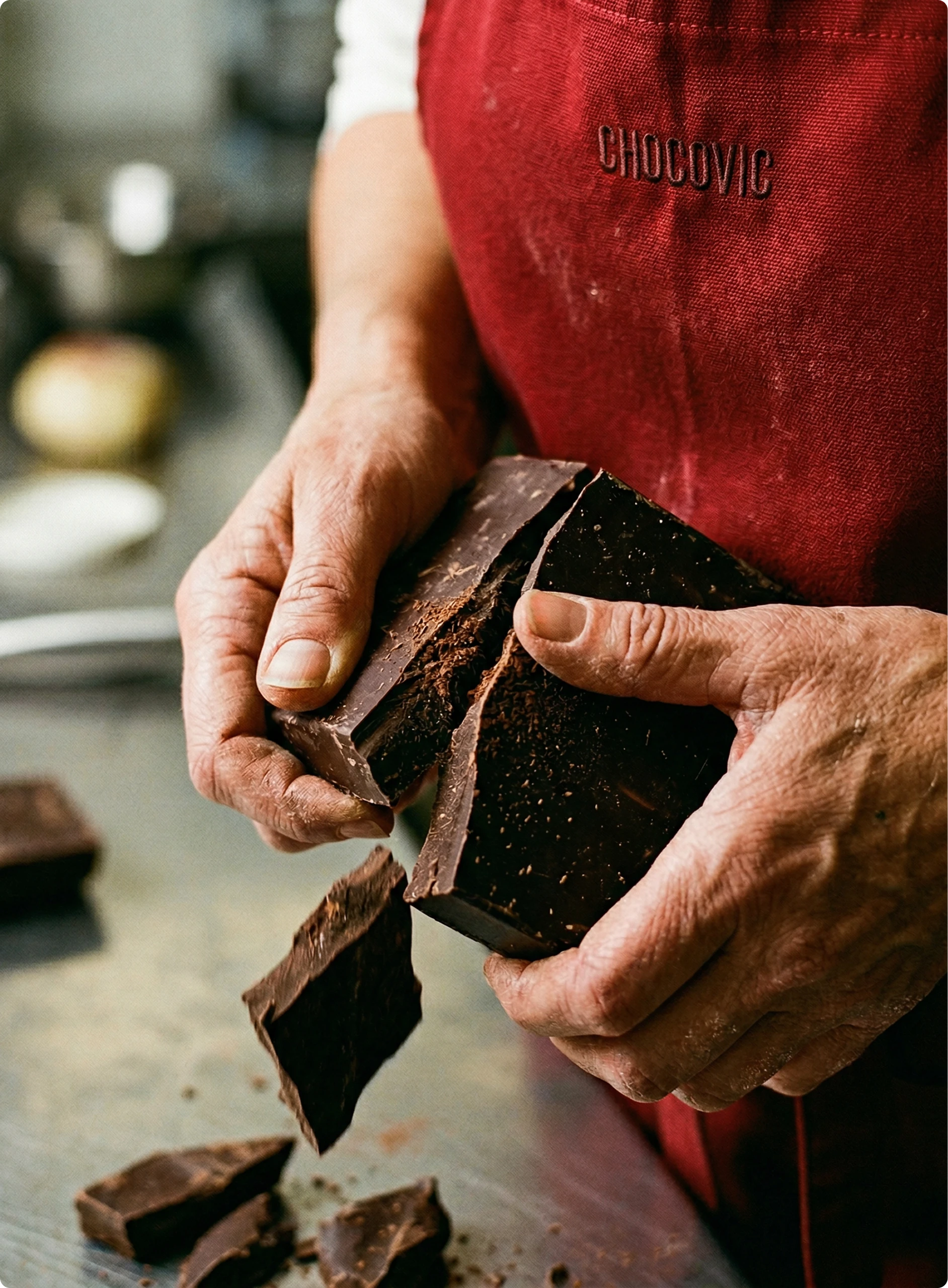 Chocovic — hands breaking a block of dark chocolate, beside the wordmark over animated cocoa-powder texture 1