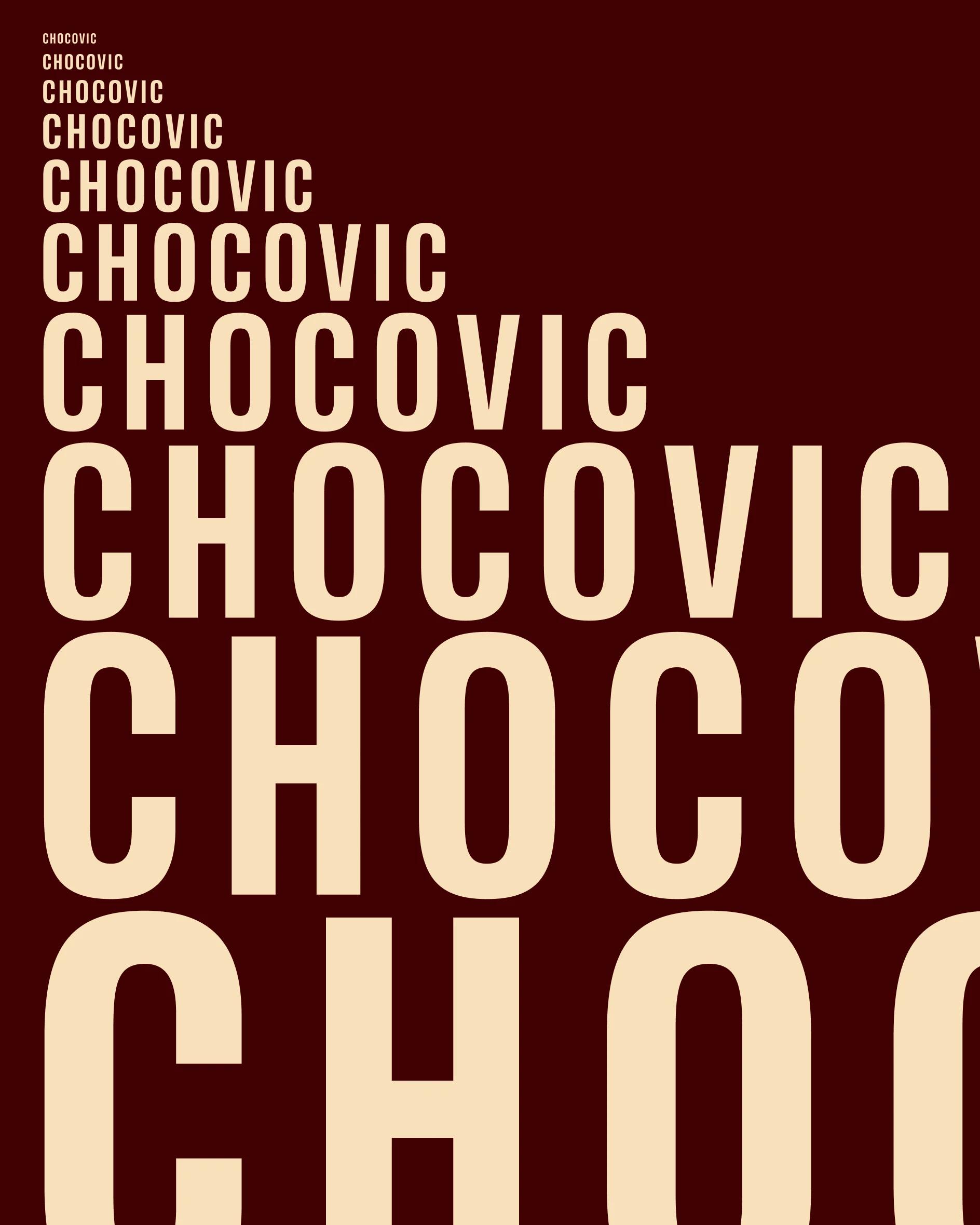 Chocovic — the wordmark repeated at increasing sizes, beside a baker carrying patterned Chocovic boxes through the bakery 1