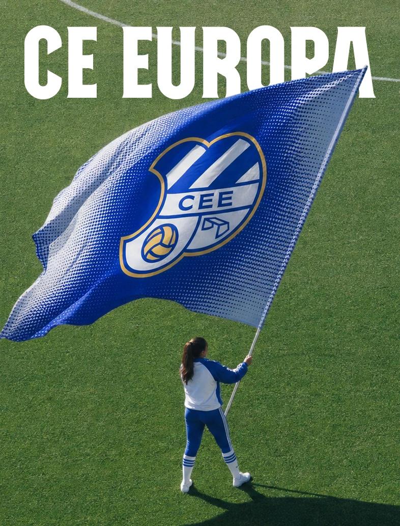 CE Europa — a supporter waving the club flag on the pitch, under the CE Europa wordmark
