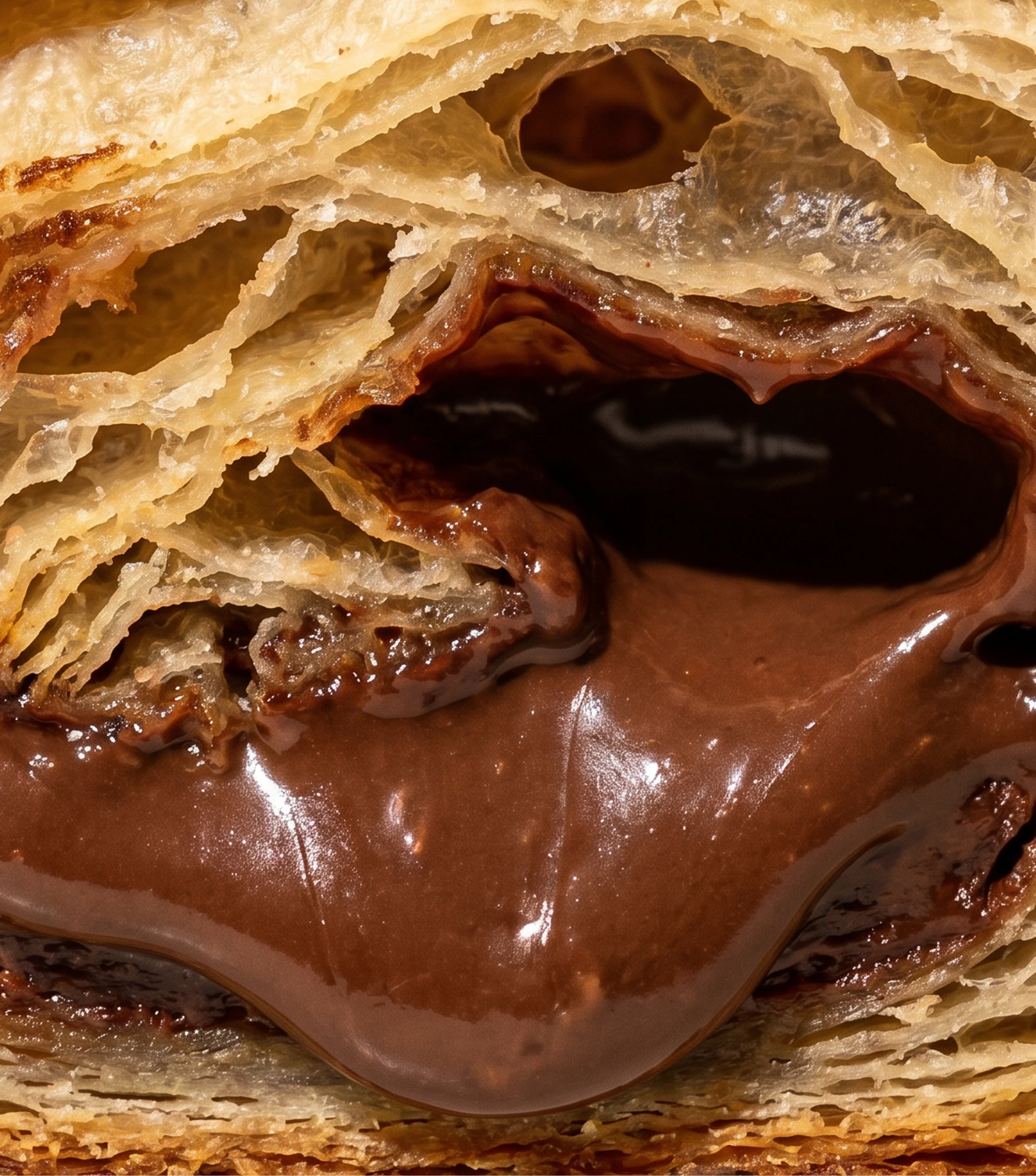 Chocovic — a macro of a chocolate croissant's molten centre, beside the brand colour palette animation 1
