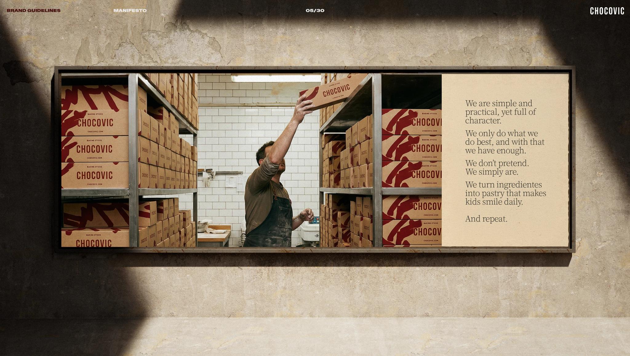 Chocovic — the framed brand manifesto spread from the guidelines