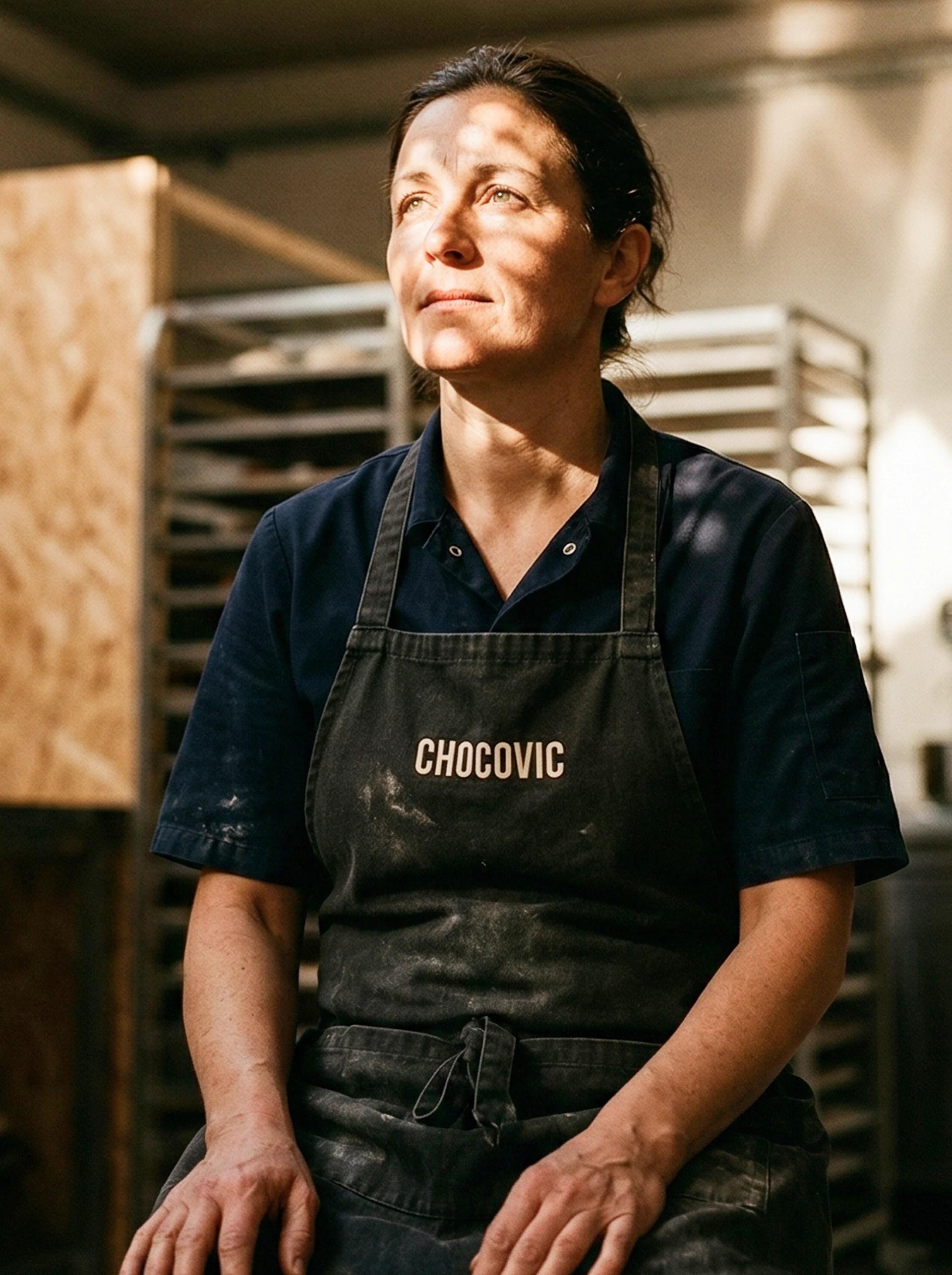 Chocovic — the strategy lockup moving from emotion at centre to chocolate at centre, beside a portrait of a baker in a Chocovic apron 2