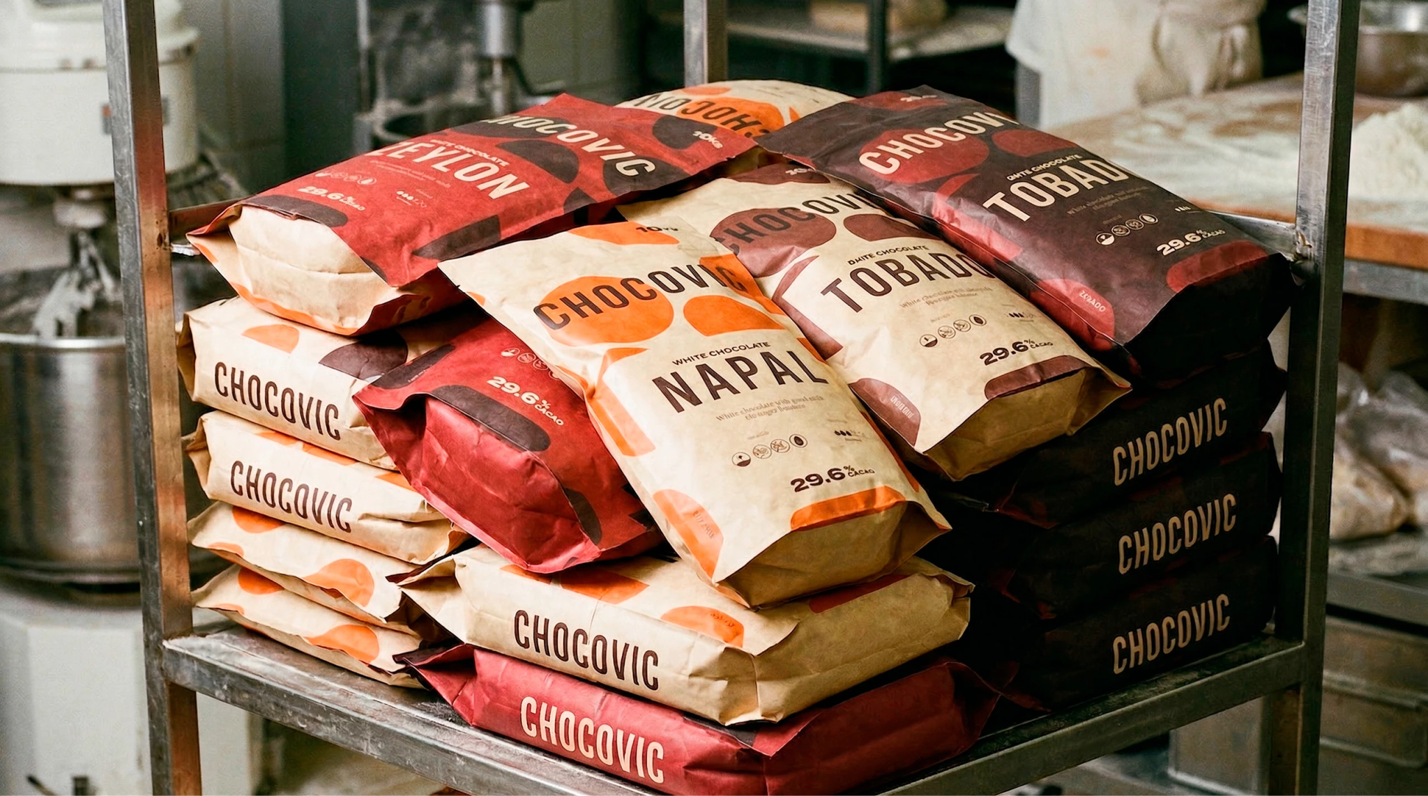 Chocovic — the chocolate bag range stacked on a bakery rack