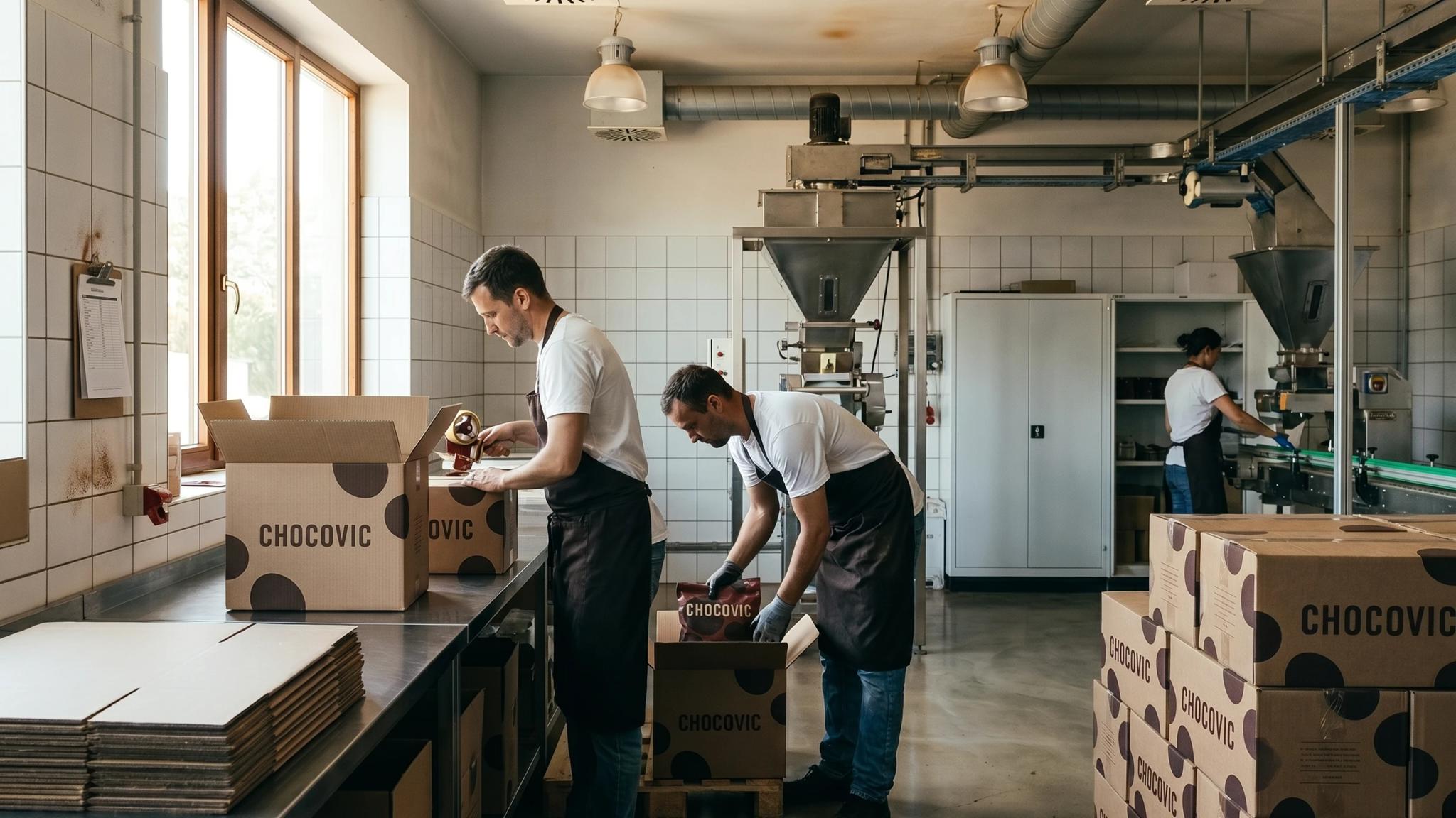 Chocovic — workers packing Chocovic boxes in the workshop
