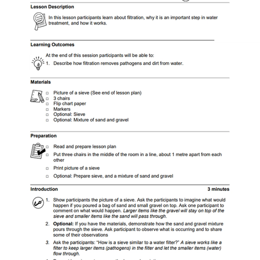 Filtration - Practice Lesson Plan (DEWT) | WASH Resources