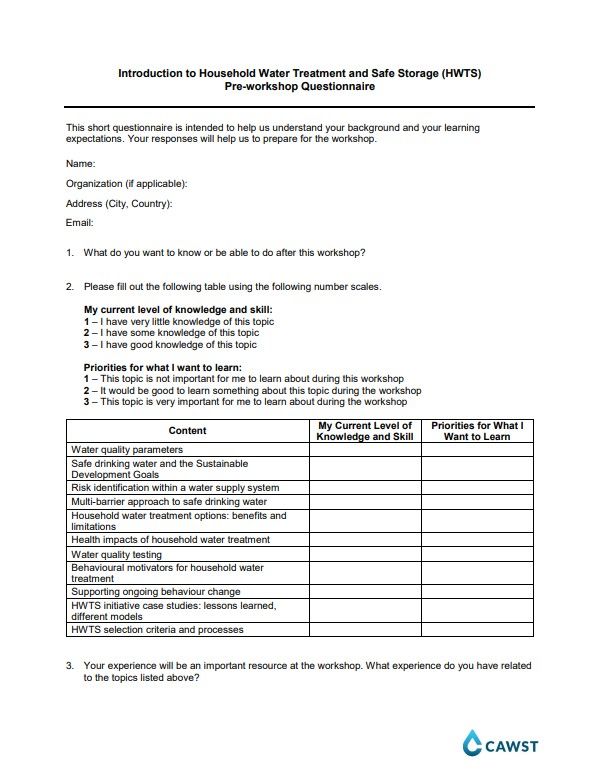 Household Water Treatment and Safe Storage Questionnaire WASH Resources