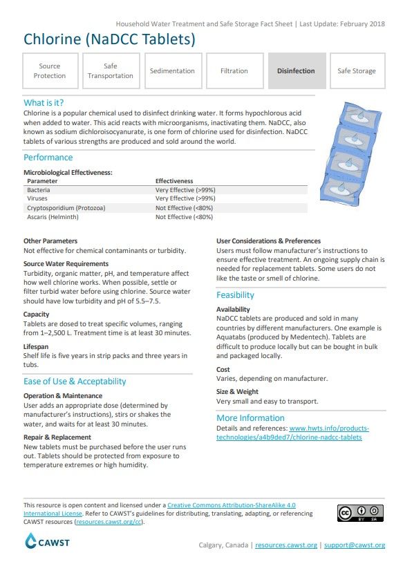 Chlorine NaDCC Tablets Fact Sheet WASH Resources