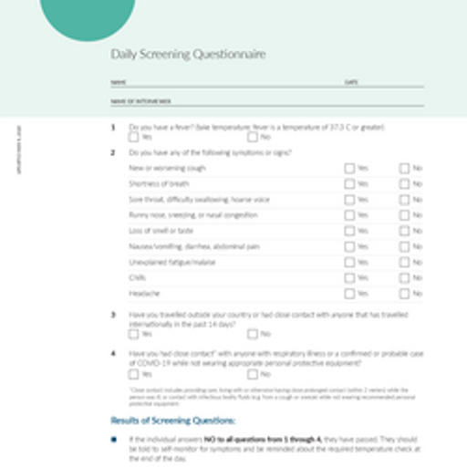 Cdc Questionnaire COVID-19 Health Screening Questionnaire | WASH Resources