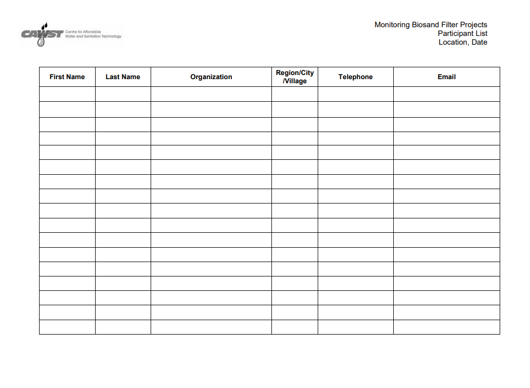 Monitoring Biosand Filter Projects Participant List Template | WASH ...