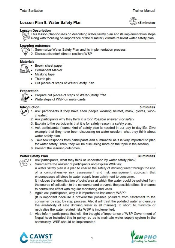 Water Safety Plan Lesson Plan (TS3 Nepal) WASH Resources
