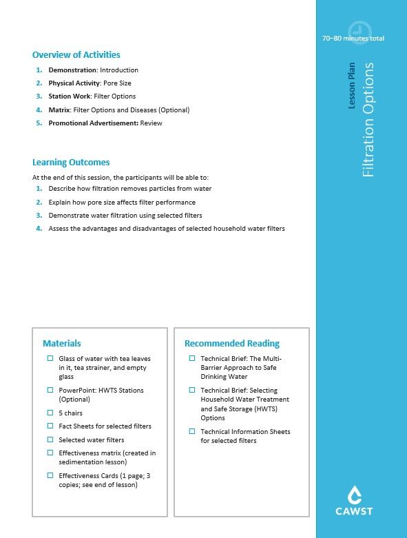 Filtration Options Lesson Plan (HWTS) WASH Resources