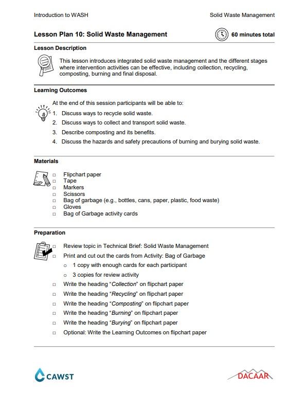Solid Waste Management Lesson Plan (Intro to WASH) WASH Resources