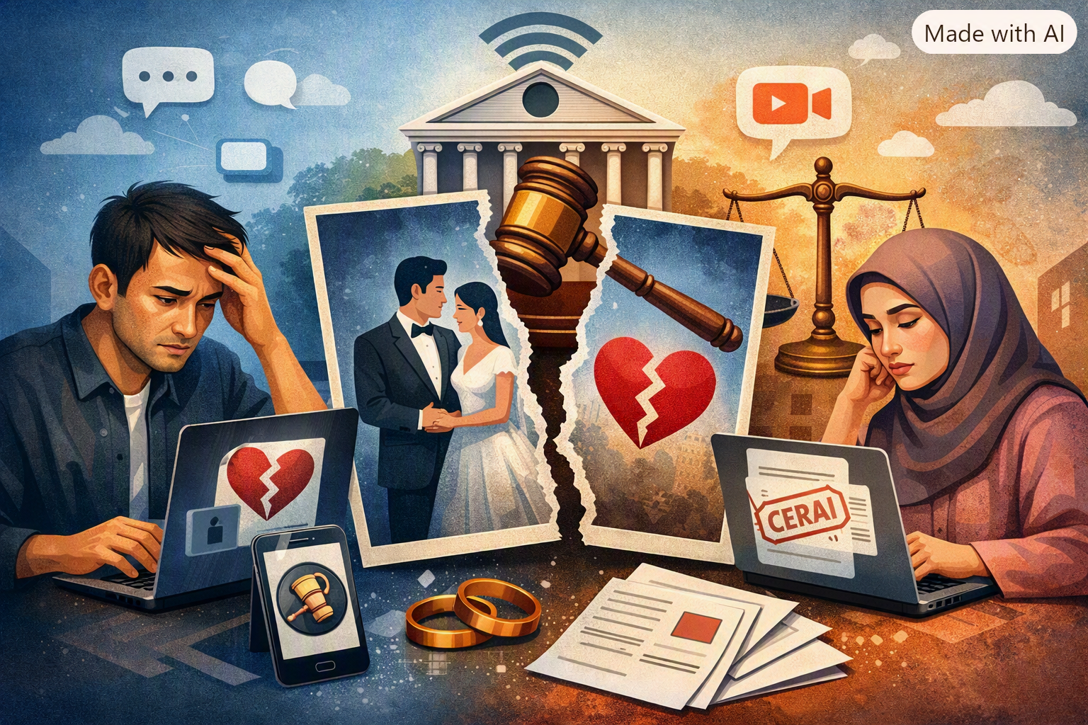 Ilustrasi perceraian online di Indonesia, pasangan terhubung laptop dengan simbol gavel dan dokumen cerai digital.