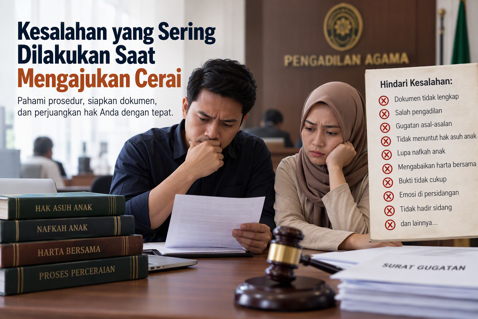 Pasangan Indonesia mempelajari dokumen perceraian di pengadilan dengan informasi kesalahan umum saat mengajukan cerai, hak asuh anak, nafkah anak, dan harta bersama.