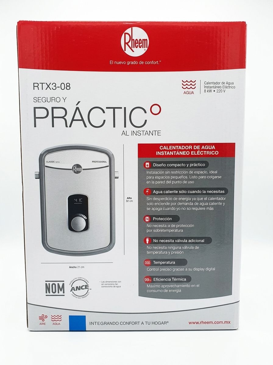Calentador de agua instantáneo Rheem 8 kW, envase del producto