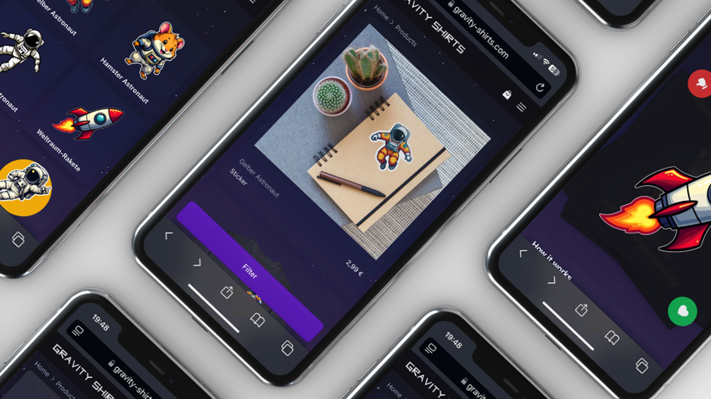 Image showing multiple smartphone which display different web pages of Gravity Shirts.