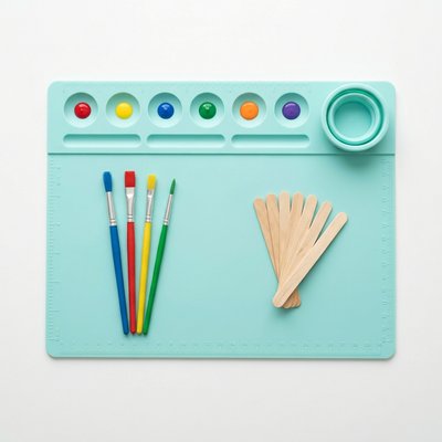 Large Washable Silicone Craft Mat with Paint Wells & Brush Rest