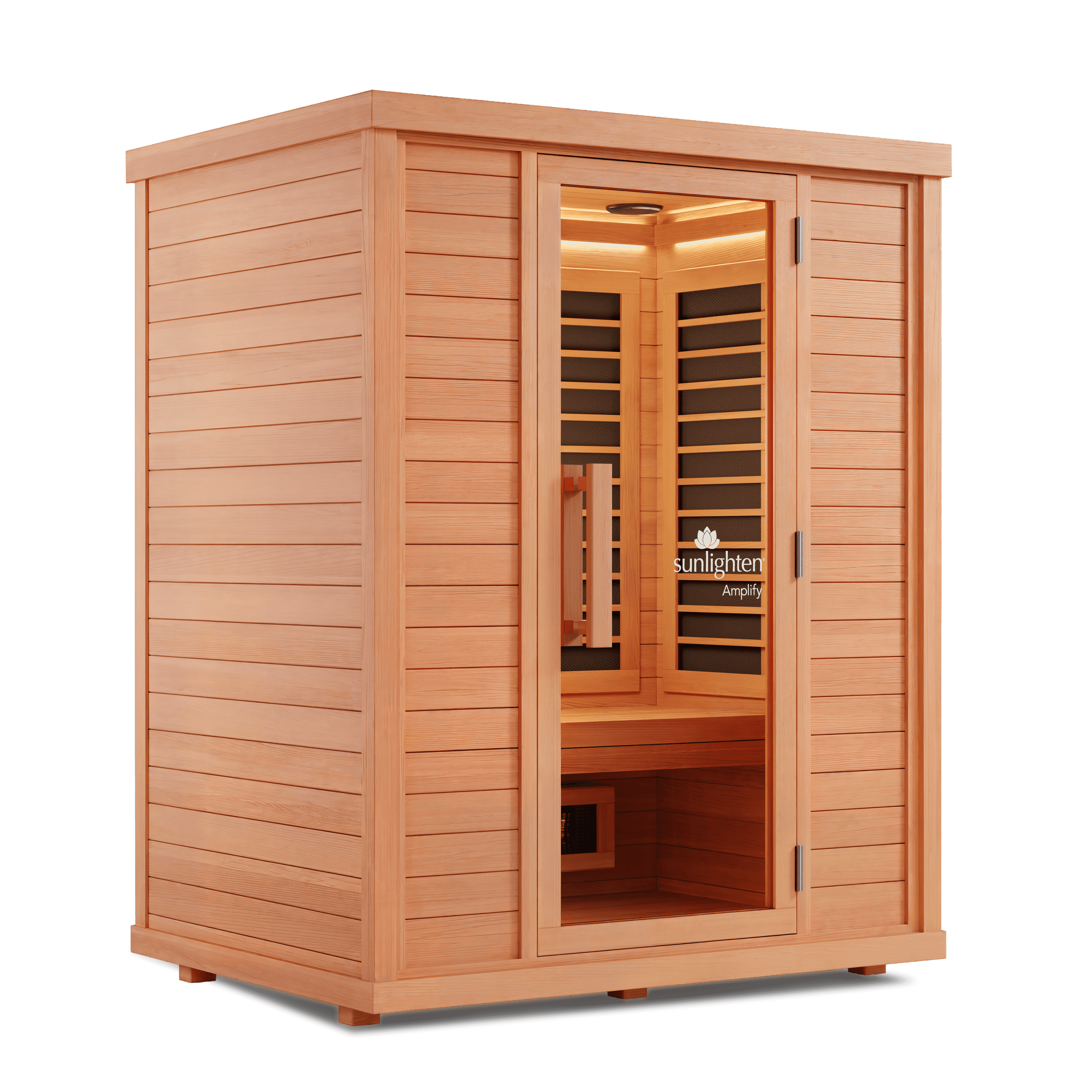 Light wood sauna with a clear glass door and Sunlighten logo.
