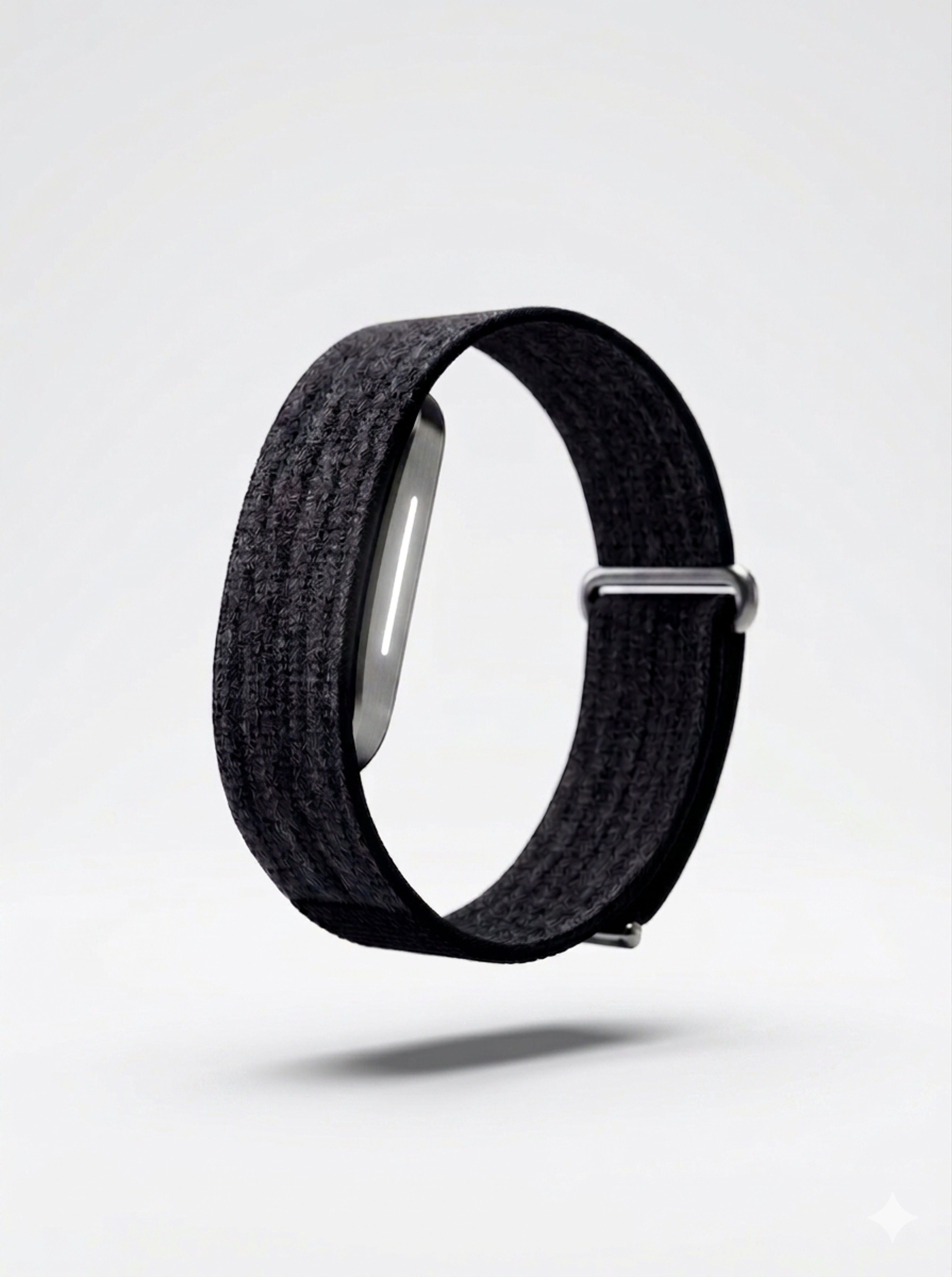 Dark grey fabric smart band with a white glowing line, floating.