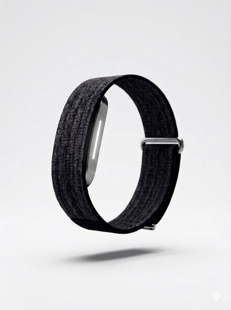 Dark grey fabric smart band with a white glowing line, floating.
