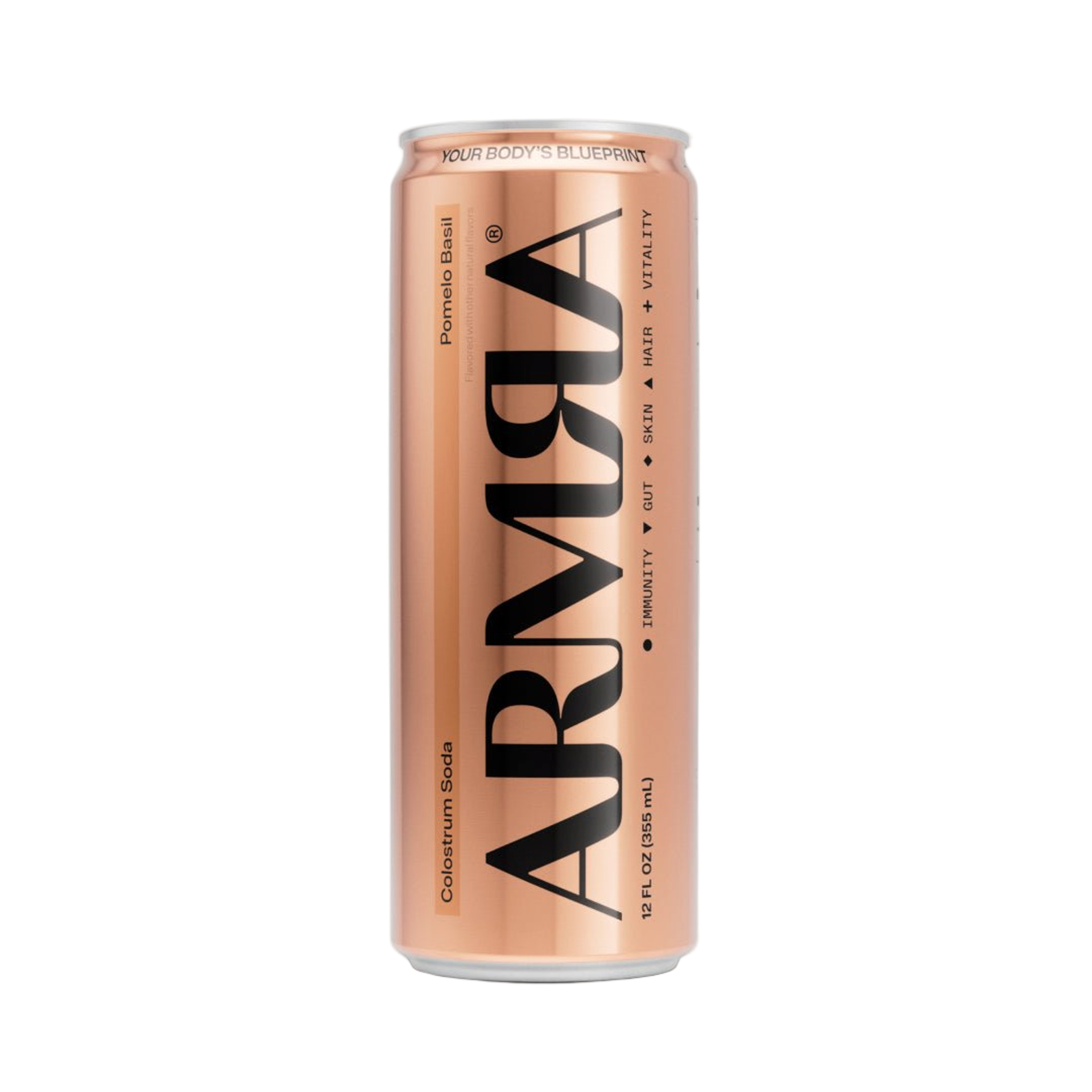 Twelve-pack box of ARMRA Colostrum Soda Pomelo Basil