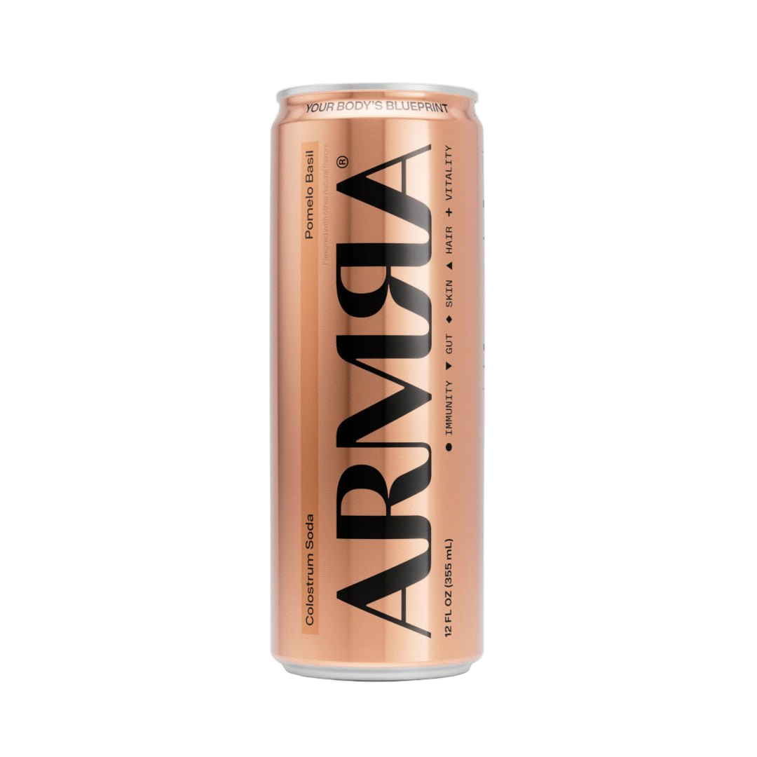 Twelve-pack box of ARMRA Colostrum Soda Pomelo Basil