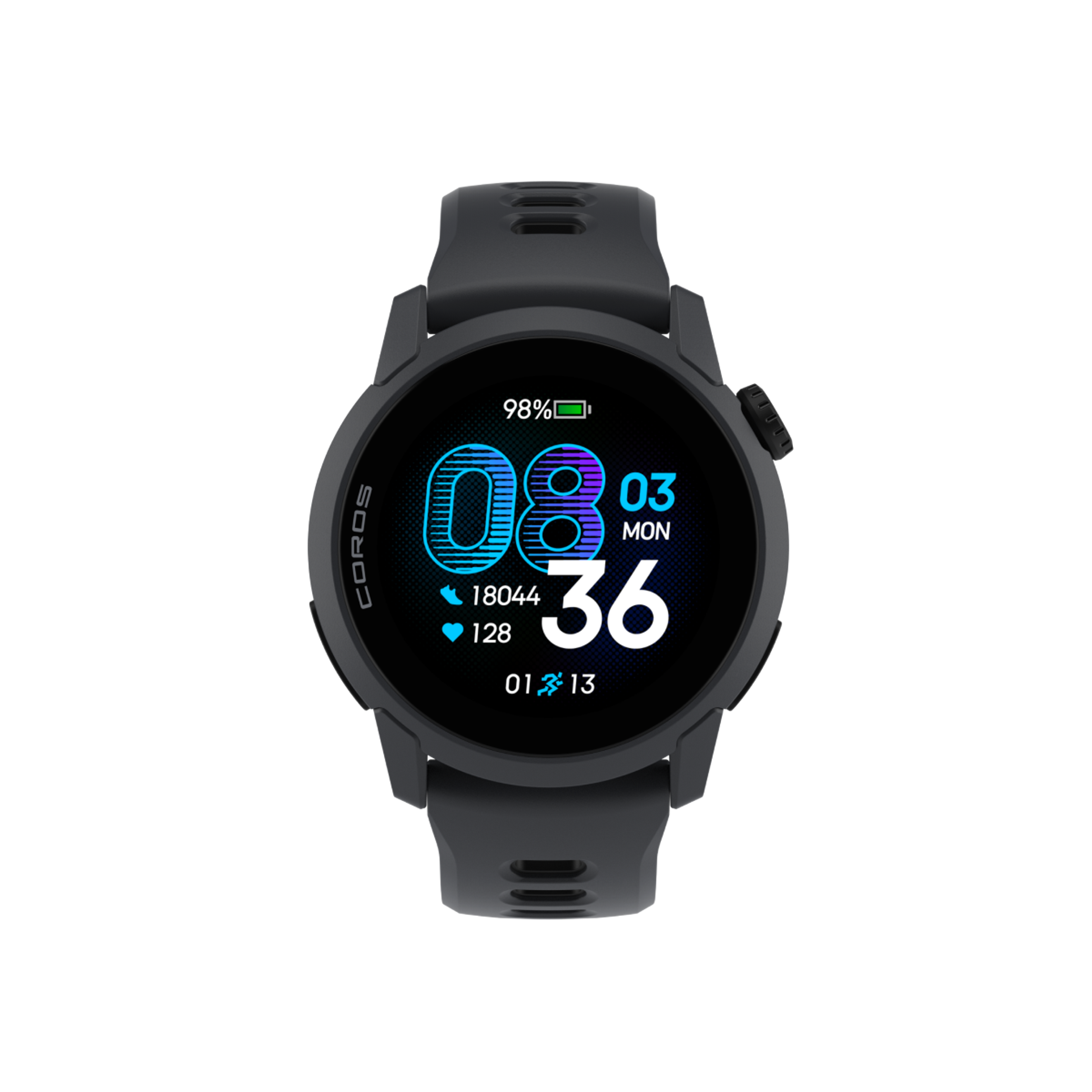 Front view of the COROS PACE 4 GPS Watch Black Watch Body with Black Silicone Band