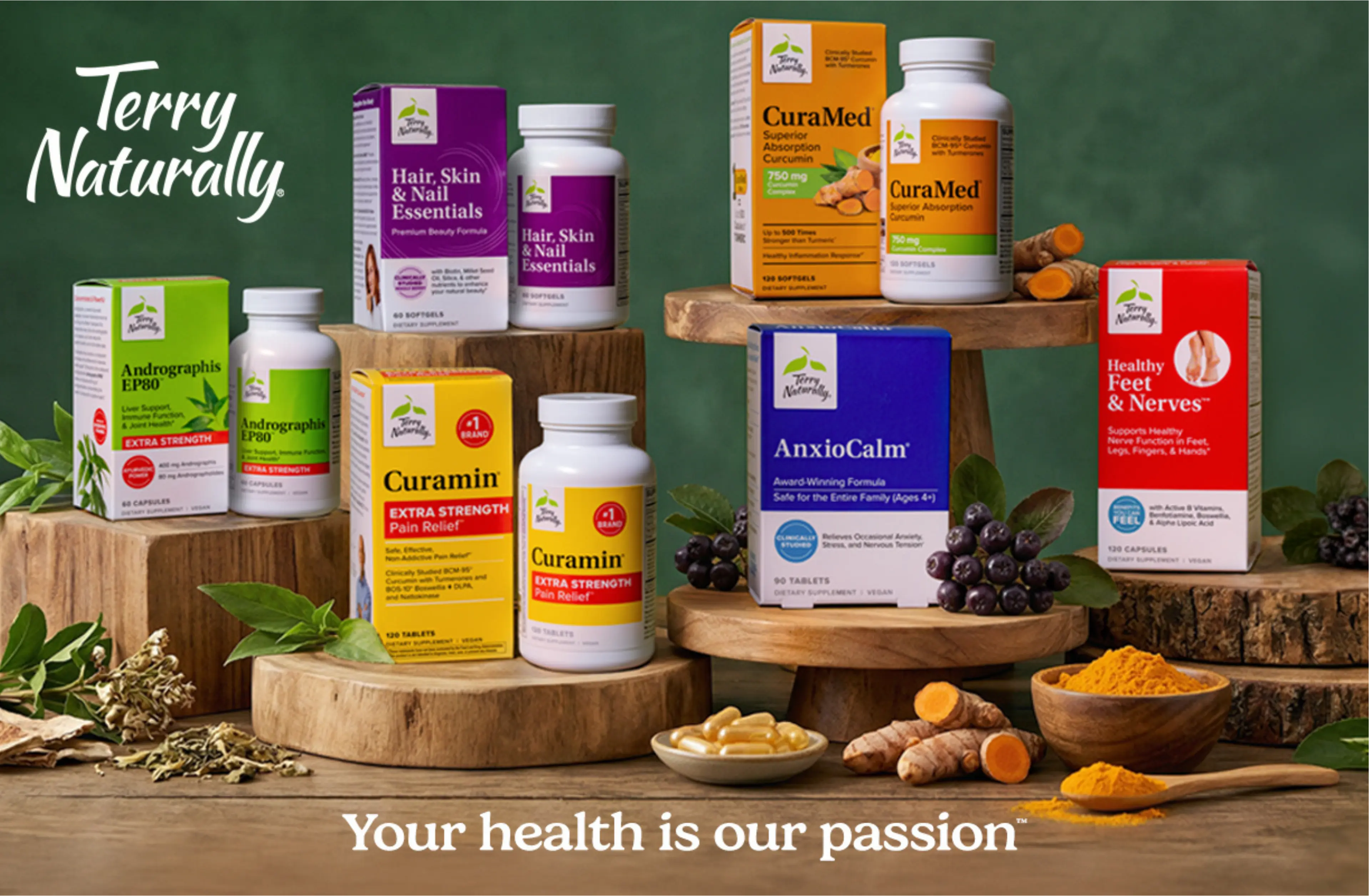 Terry Naturally supplements displayed on wooden stands with natural ingredients like turmeric and berries.